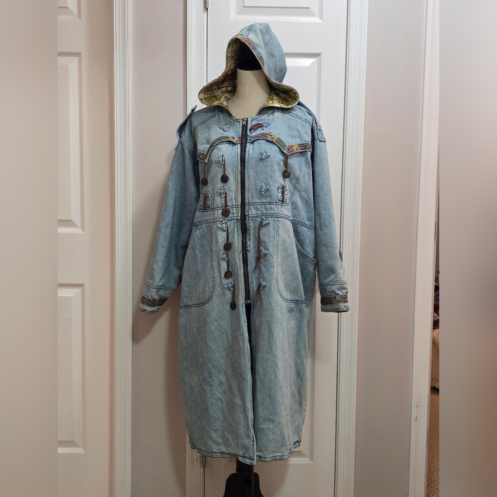 Vintage Embroidered Denim Hoodie Western Jean Jacket LARGE